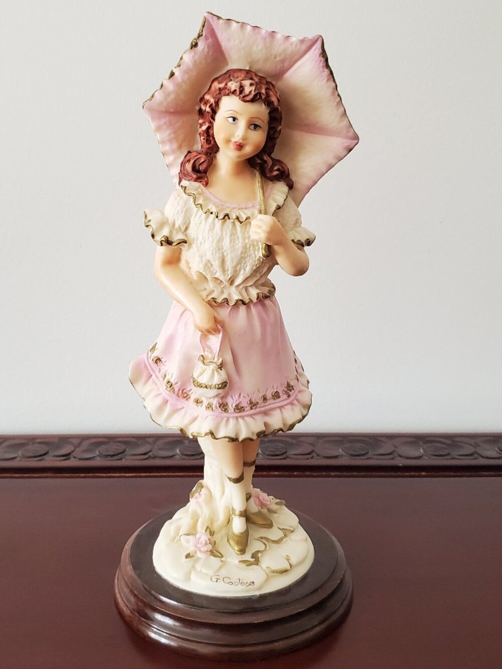 Vintage CAPODIMONTE Artist Guido Cortese Figurine Coquette Girl w/ Pink Umbrella